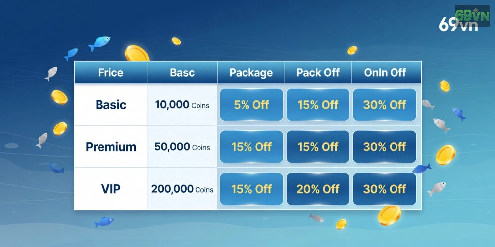 Bảng giá các gói nạp xu bắn cá online 69vn cập nhật 2025 với ưu đãi hấp dẫn