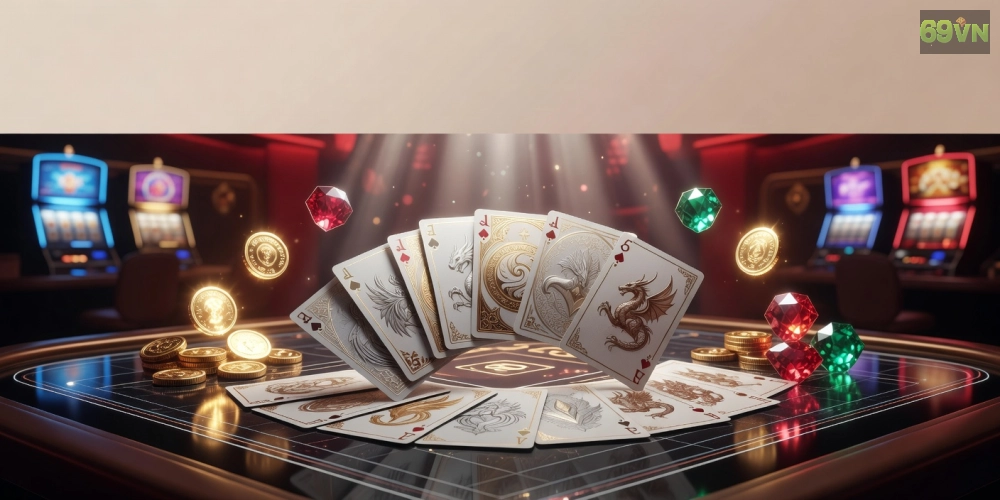 Hình minh họa khái niệm game bài đổi thưởng 69vn với các lá bài cổ điển và phần thưởng hấp dẫn