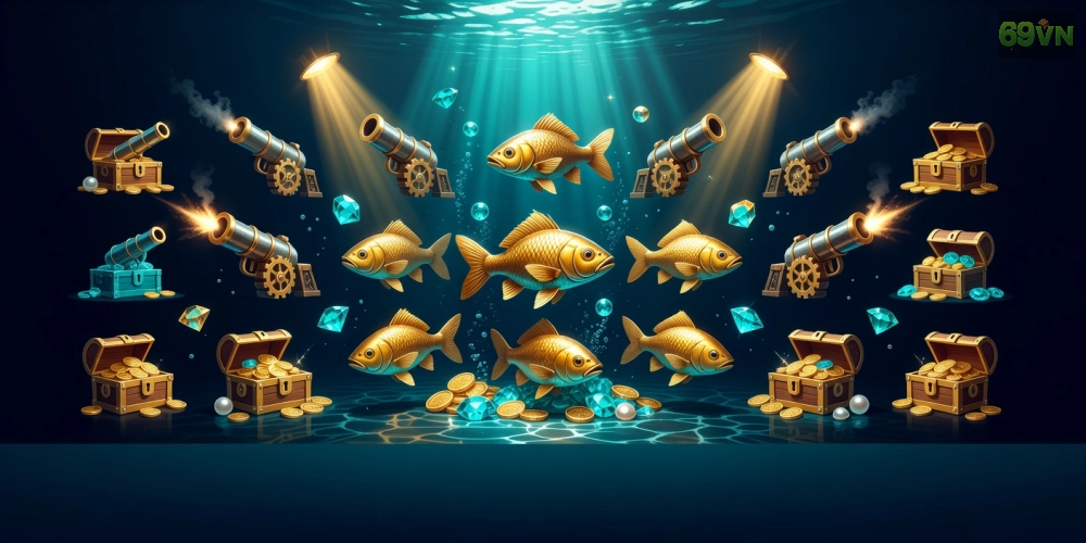 Hình ảnh top 15 game bắn cá 69vn uy tín với biểu tượng cá vàng óng